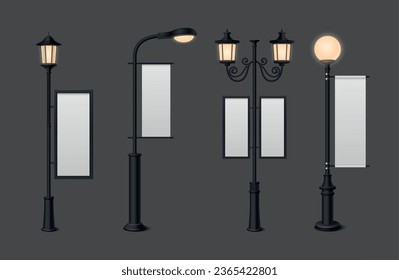 Street lamp realistic icons set with billboards isolated vector illustration