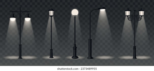 Street lamp realistic icons set with spotlights on transparent background isolated vector illustration