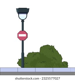 street lamp in retro style, with stop sign and bushes nearby, vector illustration, outline