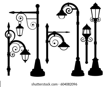 Street lamp, road lights vector silhouettes