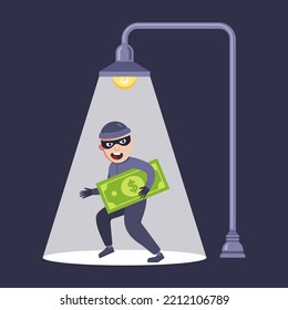 a street lamp shines on the robber. flat vector illustration.