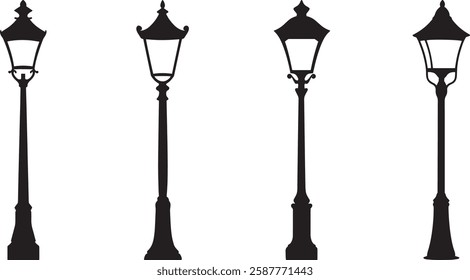 Street Lamp Silhouette Vector Set, Isolated on White Background