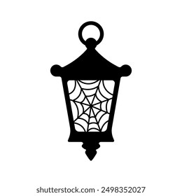 Street lamp with spider web icon. Black outline linear silhouette. Editable strokes. Front side view. Vector simple flat graphic illustration. Isolated object on white background. Isolate.