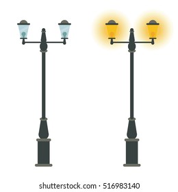 Street lamp vector icon design. Outdoor city classic vintage lantern with light on and off. Road or sidewalk streetlights. Lamppost symbol