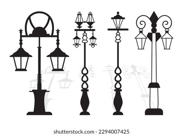Juego de vectores de lámpara de calle. corte láser Columnas de luz de la calle Retro y postes de linterna.