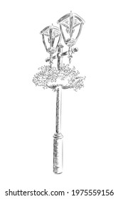 Street lamppost, hand-drawn, black and white drawing with flowers