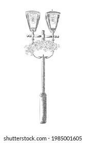 Street lamppost, hand-drawn, black and white drawing with flowers