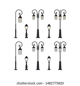 Street lamppost. Set of city lanterns isolated on white background, vector illustration in flat style