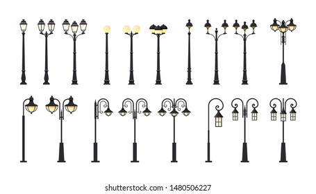 Street lamppost. Set of city light poles isolated on white background, vector illustration in flat style