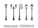 street lamppost vector. Collection of five black silhouette vintage street lamps icon on white background lamppost antique icon.