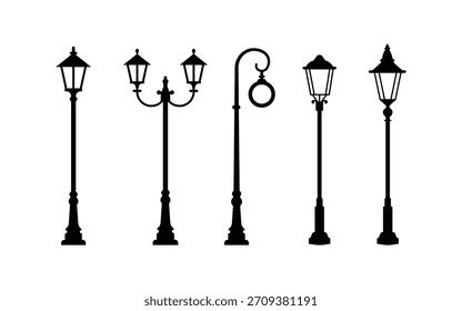 Vector de farola. Colección de cinco siluetas negras icono de lámparas de calle vintage sobre fondo blanco icono antiguo de la farola.