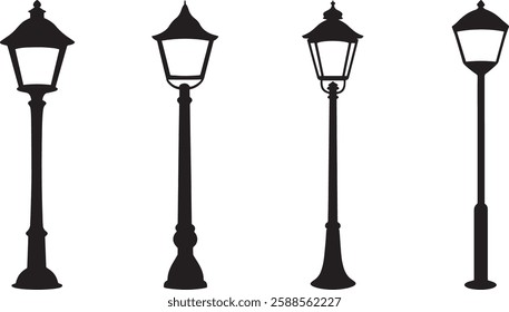 Street Lamps Silhouette Vector Illustration Set