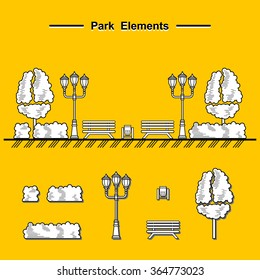 Street lamps, urns and benches for design of streets and landscapes. Elements used in the open air on the streets, in parks, on the sidewalks, outdoor