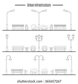 Street lamps, urns and benches for design of streets and landscapes. Elements used in the open air on the streets, in parks, on the sidewalks, outdoor