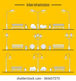 Street lamps, urns and benches for design of streets and landscapes. Elements used in the open air on the streets, in parks, on the sidewalks, outdoor