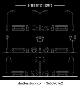 Street lamps, urns and benches for design of streets and landscapes. Elements used in the open air on the streets, in parks, on the sidewalks, outdoor