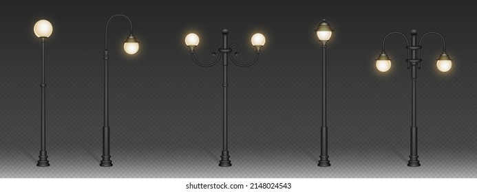 Street lamps, vintage lanterns on black post. Vector realistic set of old electric street lights, retro iron lamposts with sphere shade for road sidewalk, city and public park