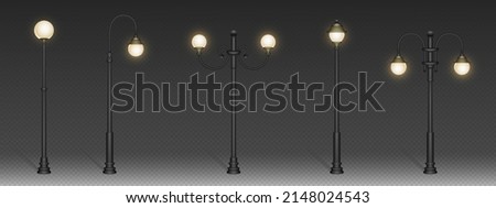 Street lamps, vintage lanterns on black post. Vector realistic set of old electric street lights, retro iron lamposts with sphere shade for road sidewalk, city and public park