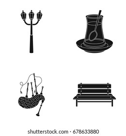 Street lamp,tea and other web icon in black style. bagpipe, bench icons in set collection.