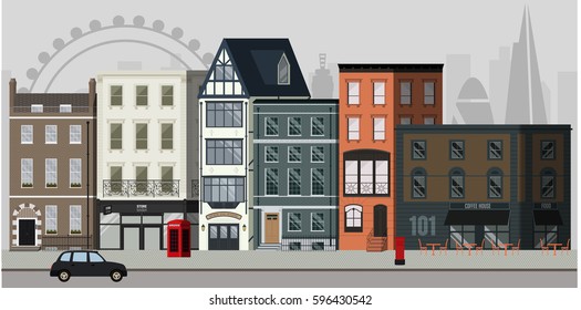 Street landscape with apartment buildings, shops and bars and London skyline in the background.