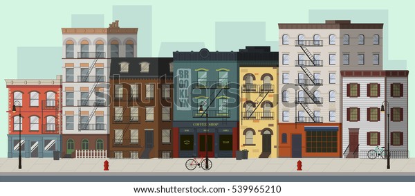 アパート 店 バーのある街並み 平らなベクターイラスト のベクター画像素材 ロイヤリティフリー 539965210