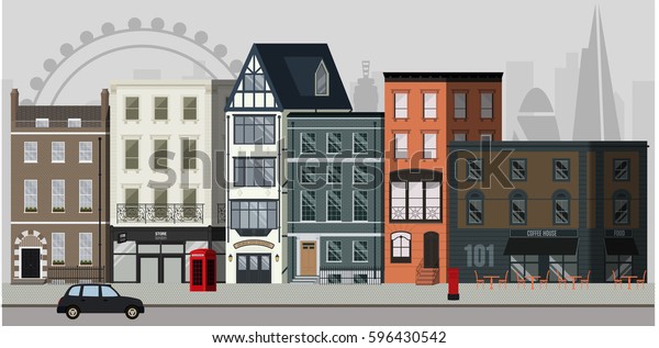 Street landscape with\
apartment buildings, shops and bars and London skyline in the\
background.