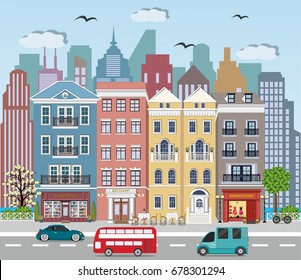 Street landscape with cute european buildings, shops and restaurant. Colorful living buildings, trees, clouds, birds and moving cars. Flat style vector illustration.