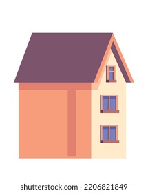 Street landscape icon. Beige three story house with dark blue roof. Urban architecture, modern style and exterior. Poster or banner for website, graphic element. Cartoon flat vector illustration