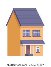 Street landscape icon. Yellow twostory house with dark blue roof. Private property and real estate, modern urban style of architecture. Comfortable and cozy house. Cartoon flat vector illustration