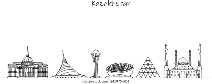 Street landscape of Kazakhstan. Creative buildings of the republic located in Eurasia. Hand drawn vector for tourism use.