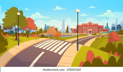 Street Landscape Modern School Building Exterior With Crosswalk Welcome Back To Education Concept Concept Flat Vector Illustration