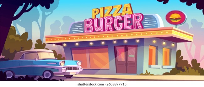 Street landscape with pizza cafe background banner for game design. Urban cityscape with retro cafeteria building exterior with big windows, vintage blue car, green trees. Vector cartoon illustration