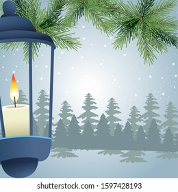 street lantern and pine leaves over snowy background, colorful design, vector illustration