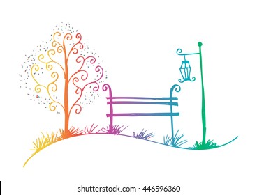 Street lantern, tree and bench in the garden. Sketchy style.