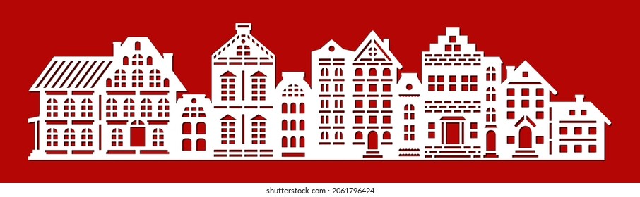 Street layout with houses, shops. Facades of various buildings, cottages, townhouses. Many floors, attic, roof, chimney, windows, door. Vector template for plotter laser cutting of paper, wood, cnc.