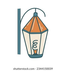 Street lght in cartoon style clip art. Old vintage street lighting, color doodle sketch. City lantern, isolated euctor illustration