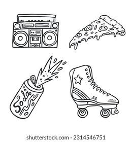 Street life concept linear icons set. Boombox pizza soda drink and skate roller thin line symbols. Isolated vector outline illustrations