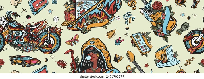 Street lifestyle. Geek art. Old school tattoo seamless pattern. Hacker woman, old computer, joystick, motorcycles and electric guitars, joystick. Symbol of modern culture