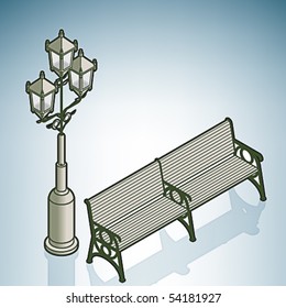 Street Light & Bench (part of On the Street Items Isometric 3D Icons Set)