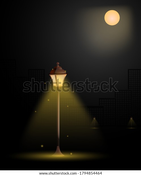 大都会の街灯 ビンテージスタイル 都の夜の恋 空に輝く満月 夜の街灯 リアルなベクターイラスト のベクター画像素材 ロイヤリティフリー