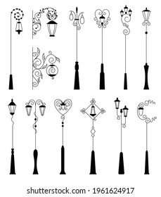 Street light, black silhouettes collection. Street retro road lamp set. Vintage light for aristocratic exterior. Vector decorative lamp posts