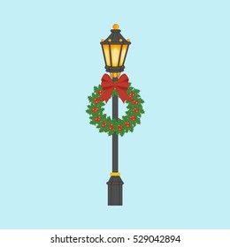 Street light with christmas wreath. Street lantern with christmas decoration. Vector illustration