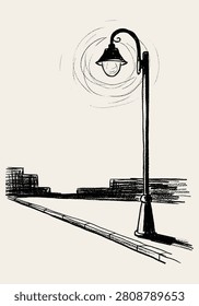 Street light with glowing lamp in an ink hand draw urban scene with sidewalk and buildings