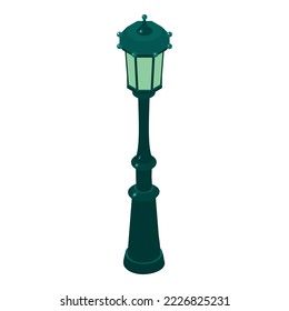 Vector isométrico del icono de la luz de la calle. Hermoso ícono de lámpara de la calle de metal clásico. Iluminación artificial al aire libre
