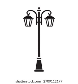 Street Light Icon Vector. Vintage Outdoor Lamppost Silhouette. Old Fashioned Double Lantern Black Graphic.