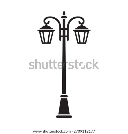 Street Light Icon Vector. Vintage Outdoor Lamppost Silhouette. Old Fashioned Double Lantern Black Graphic.