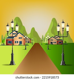Street and street light illustration with houses and hills, and late afternoon sky