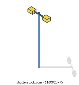 Street light, info graphic. Isometric outlined lamp on white background. Street minimalistic equipment. Pictogram of road lamp with details. Flatten isolated master vector icon. Cartography map symbol