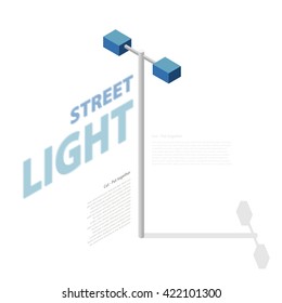 Street light, info graphic. Isometric blue lamp on white background. Street minimalistic equipment. Pictogram of road lamp with details. Flatten isolated master vector icon. Cartography map symbol.