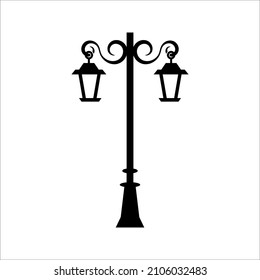 Street Light Line Black And White Vector Icon. Lamppost Flat Silhouette On White Background. Eps 10